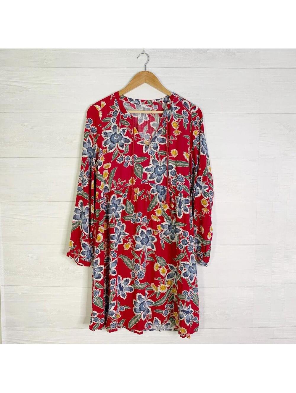 NWT Old Navy Red Floral V Neck Long Sleeve Rayon Shift Dress Small